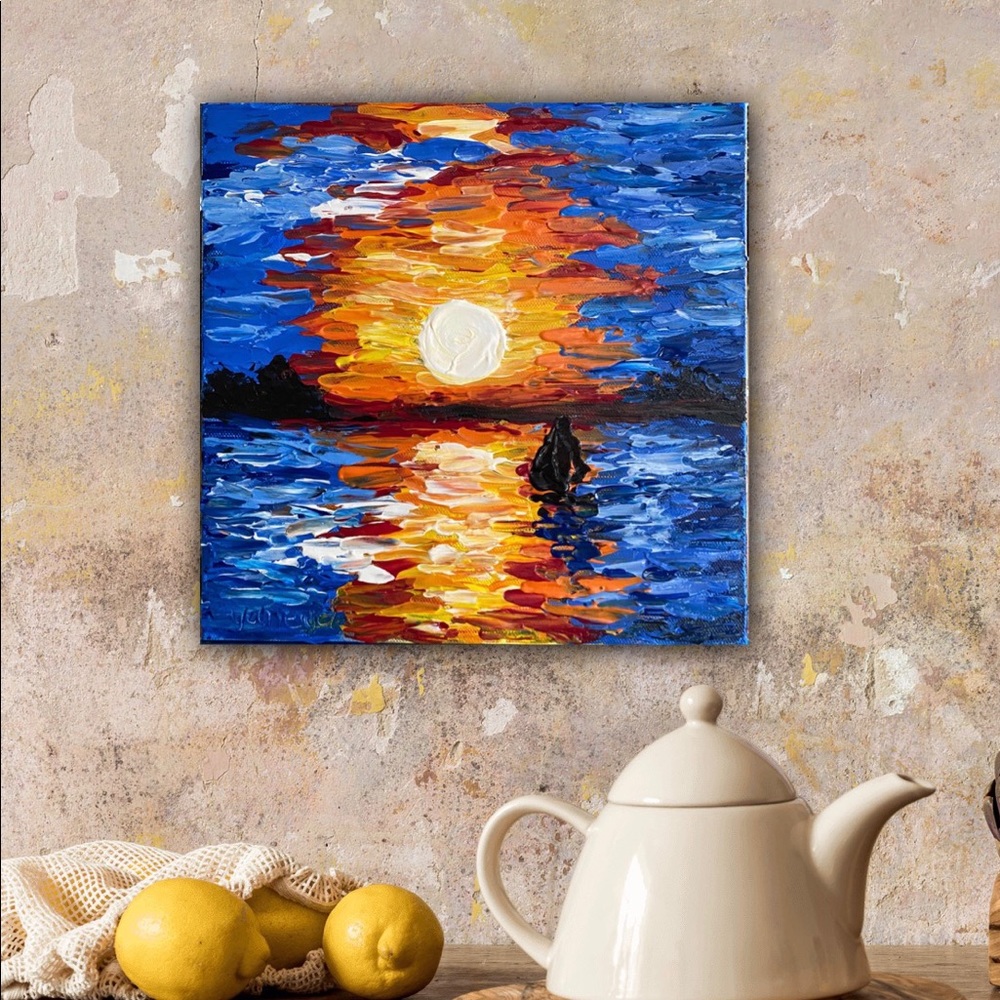 Impasto sunset on the ocean. Original acrylic painting signed by the artist new - Picture 3 of 11